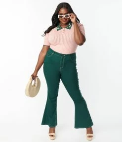 Unique Vintage Plus Size Dark Green Majors Flare Pants Sale