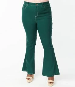 Unique Vintage Plus Size Dark Green Majors Flare Pants Sale