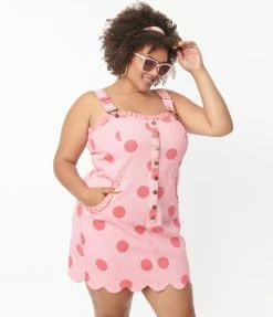 Sale Unique Vintage Plus Size Pink Polka Dot Pinafore Mini Dress