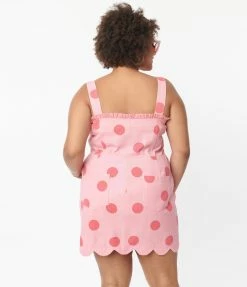 Sale Unique Vintage Plus Size Pink Polka Dot Pinafore Mini Dress