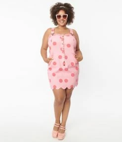 Sale Unique Vintage Plus Size Pink Polka Dot Pinafore Mini Dress