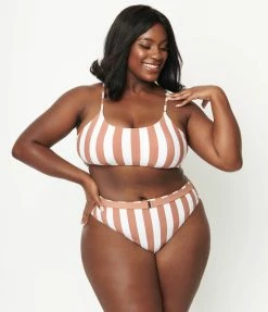 ENVYA Plus Size Brown & White Striped Two Piece Swimsuit Swimwear