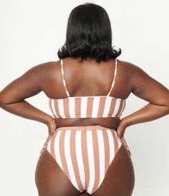 ENVYA Plus Size Brown & White Striped Two Piece Swimsuit Swimwear