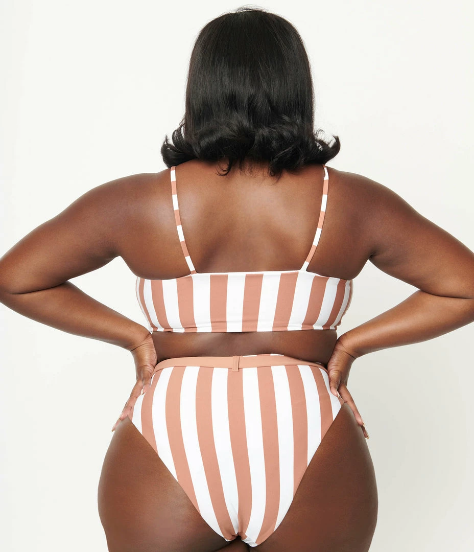 ENVYA Plus Size Brown & White Striped Two Piece Swimsuit Swimwear