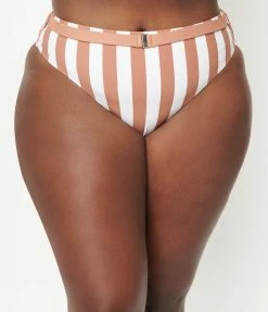 ENVYA Plus Size Brown & White Striped Two Piece Swimsuit Swimwear