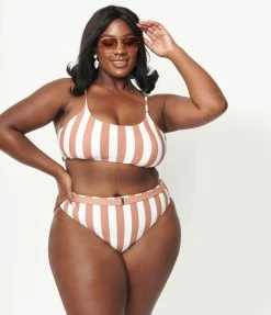 ENVYA Plus Size Brown & White Striped Two Piece Swimsuit Swimwear
