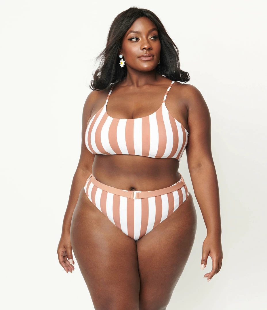 ENVYA Plus Size Brown & White Striped Two Piece Swimsuit Swimwear