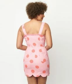 Unique Vintage Pink Polka Dot Pinafore Mini Dress Sale