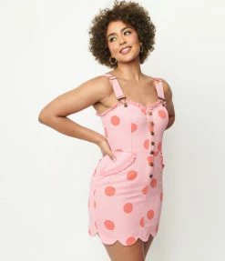 Unique Vintage Pink Polka Dot Pinafore Mini Dress Sale