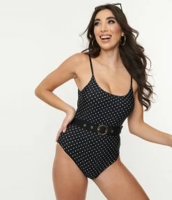 ENVYA Black & White Polka Dots Belt Swimsuit Swimwear