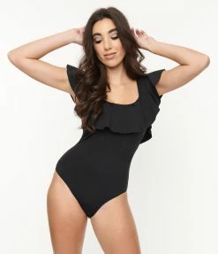 ENVYA Black Off Shoulder Ruffle Swimsuit