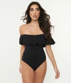ENVYA Black Off Shoulder Ruffle Swimsuit