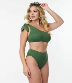 Swimwear Kingdom & State Green Texture One Shoulder Swim Top