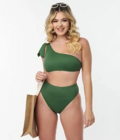 Swimwear Kingdom & State Green Texture One Shoulder Swim Top