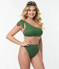 Swimwear Kingdom & State Green Texture One Shoulder Swim Top