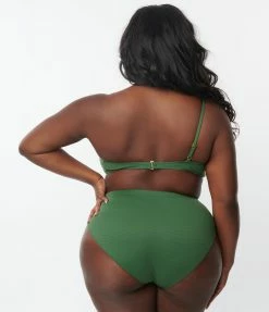 Swimwear Kingdom & State Plus Size Green Texture One Shoulder Swim Top