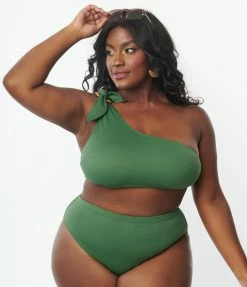 Swimwear Kingdom & State Plus Size Green Texture One Shoulder Swim Top