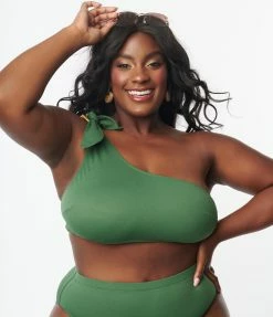 Swimwear Kingdom & State Plus Size Green Texture One Shoulder Swim Top