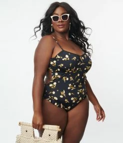 Swimwear Kingdom & State Plus Size Black & Ivory Floral One Piece Swimsuit