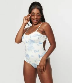 Kingdom & State Ivory & Blue Farm Print One Piece Swimsuit Swimwear