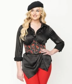 Daisy Corsets Black & Red Rose Print Open Cup Corset