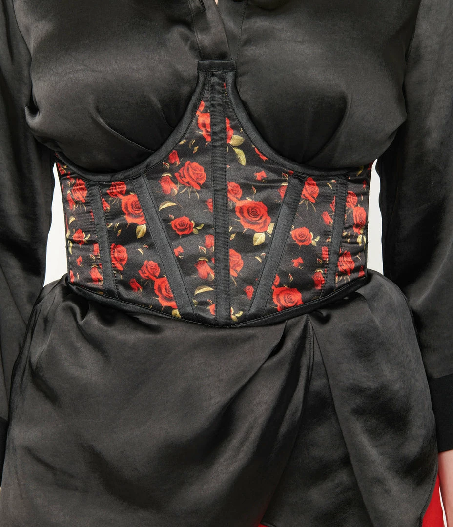 Daisy Corsets Black & Red Rose Print Open Cup Corset