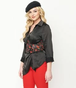 Daisy Corsets Black & Red Rose Print Open Cup Corset