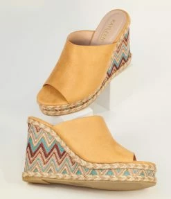 DDK FOOTWEAR, INC Tan Suede & Multicolor Chevron Wedges