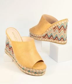 DDK FOOTWEAR, INC Tan Suede & Multicolor Chevron Wedges