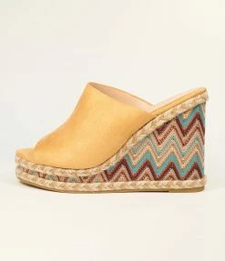 DDK FOOTWEAR, INC Tan Suede & Multicolor Chevron Wedges