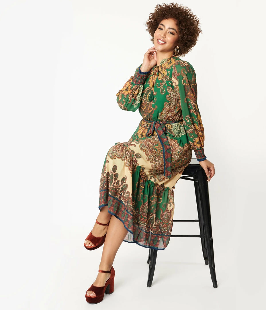 Flying Tomato Green & Brown Paisley Print Midi Dress Sale