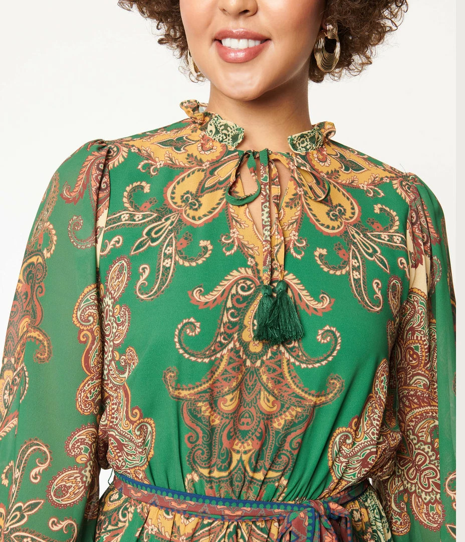 Flying Tomato Green & Brown Paisley Print Midi Dress Sale