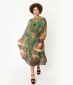 Flying Tomato Green & Brown Paisley Print Midi Dress Sale