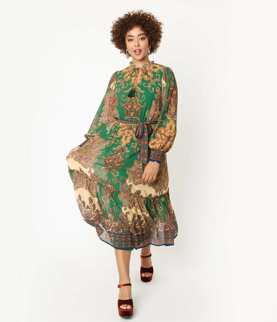 Flying Tomato Green & Brown Paisley Print Midi Dress Sale