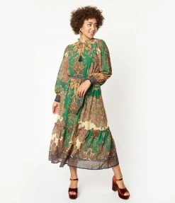 Flying Tomato Green & Brown Paisley Print Midi Dress Sale