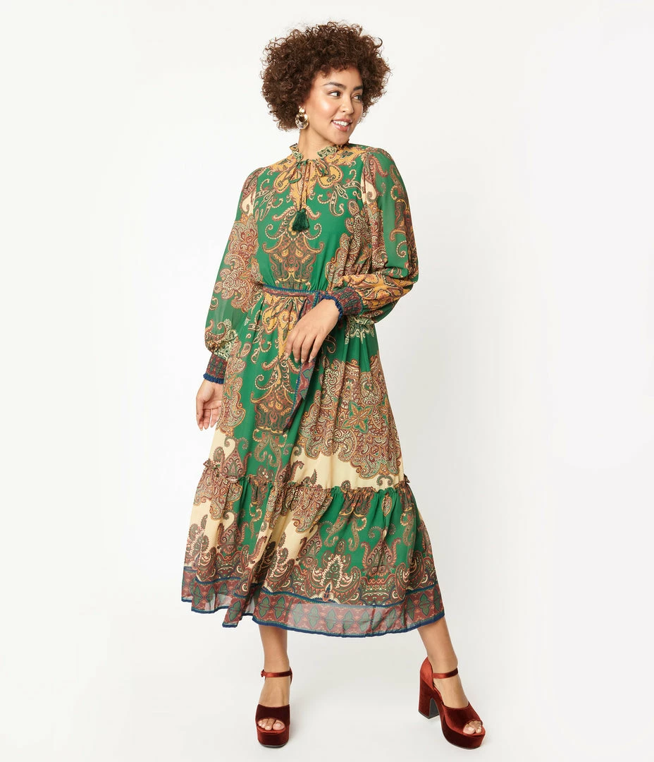 Flying Tomato Green & Brown Paisley Print Midi Dress Sale