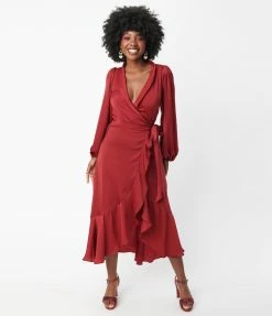 Lovin Mi Burgundy Ruffle Midi Wrap Dress