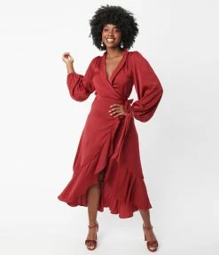 Lovin Mi Burgundy Ruffle Midi Wrap Dress