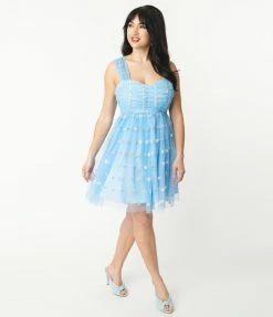 Unique Vintage Blue & Embroidered Daisy Heart & Soul Babydoll Dress Sale