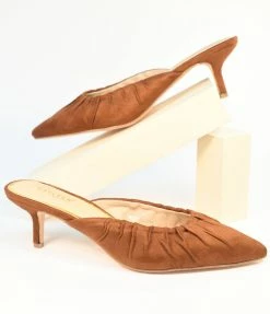 DDK FOOTWEAR, INC Camel Suede Gathered Mule Heels