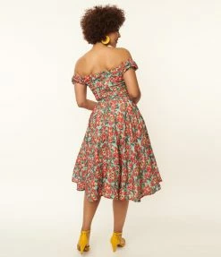 SHEEN Clothing Ltd Green & Red Floral Juniper Swing Dress Sale