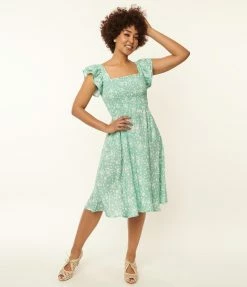 SHEEN Clothing Ltd Mint & White Floral Swing Dress Sale