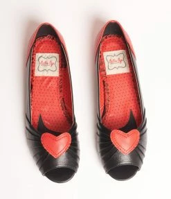 Ellie Shoes Bettie Page Black & Red Heart Peep Toe Flats