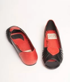 Ellie Shoes Bettie Page Black & Red Heart Peep Toe Flats