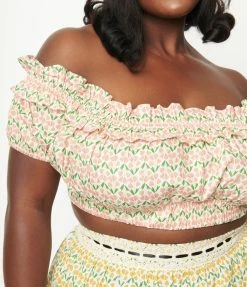 Sale Unique Vintage Plus Size Cream & Pink Floral Print Ruffle Up Crop Top