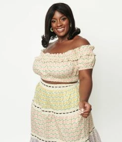 Sale Unique Vintage Plus Size Cream & Pink Floral Print Ruffle Up Crop Top