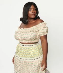 Sale Unique Vintage Plus Size Cream & Pink Floral Print Ruffle Up Crop Top