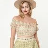 Unique Vintage Cream & Pink Floral Print Ruffle Up Crop Top