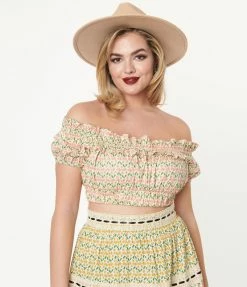 Unique Vintage Cream & Pink Floral Print Ruffle Up Crop Top