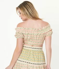 Unique Vintage Cream & Pink Floral Print Ruffle Up Crop Top